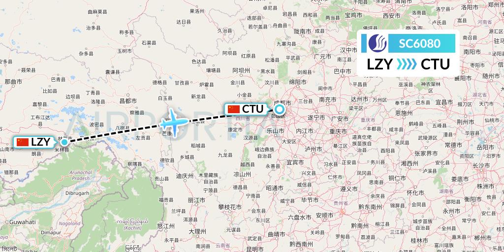 SC6080 Shandong Airlines Flight Map: Nyingchi to Chengdu