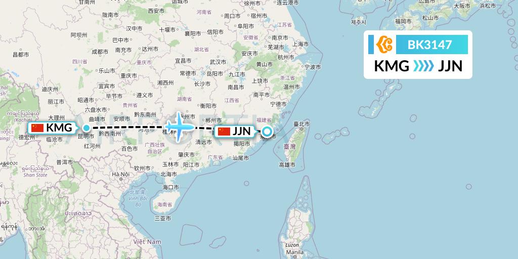 BK3147 Okay Airways Flight Map: Kunming to Jinjiang