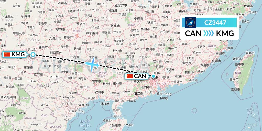 CZ3447 China Southern Airlines Flight Map: Guangzhou to Kunming
