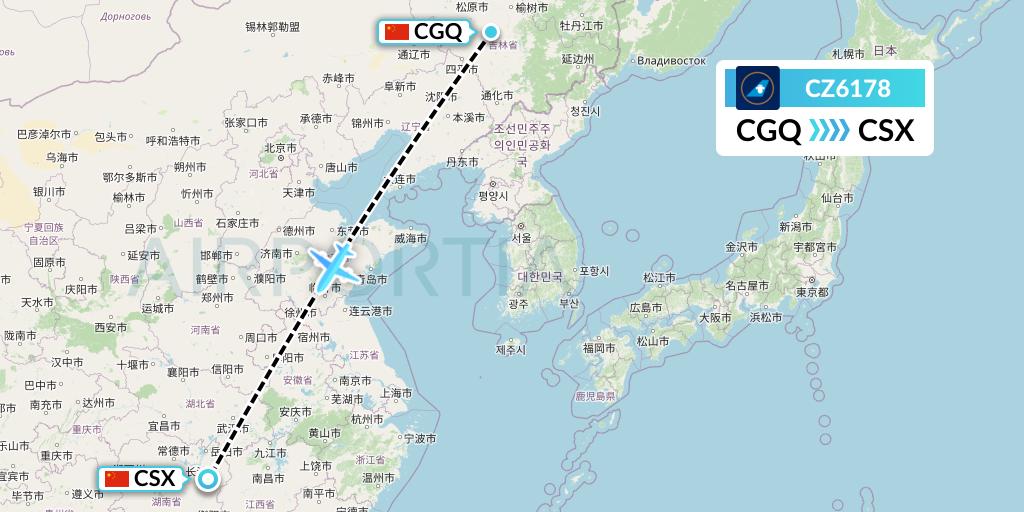 CZ6178 China Southern Airlines Flight Map: Changchun to Changsha