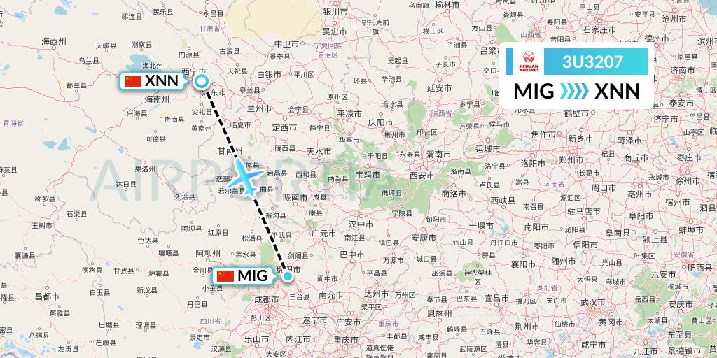3U3207 Sichuan Airlines Flight Map: Mianyang to Xining