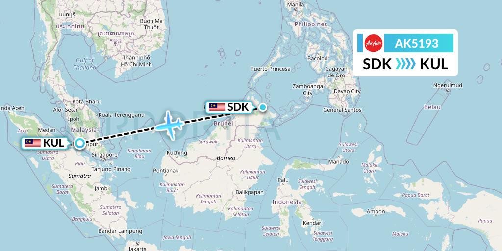 AK5193 AirAsia Flight Map: Sandakan to Kuala Lumpur