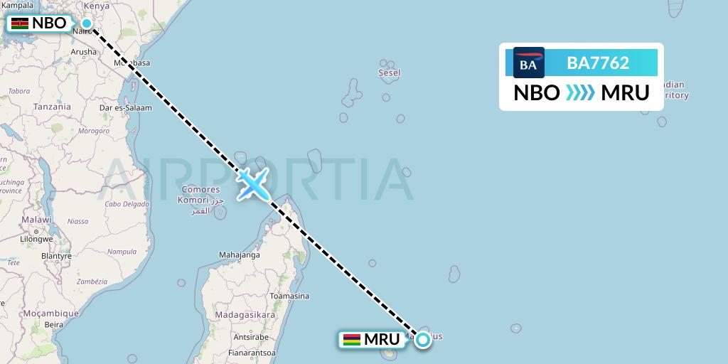 BA7762 British Airways Flight Map: Nairobi to Port Louis