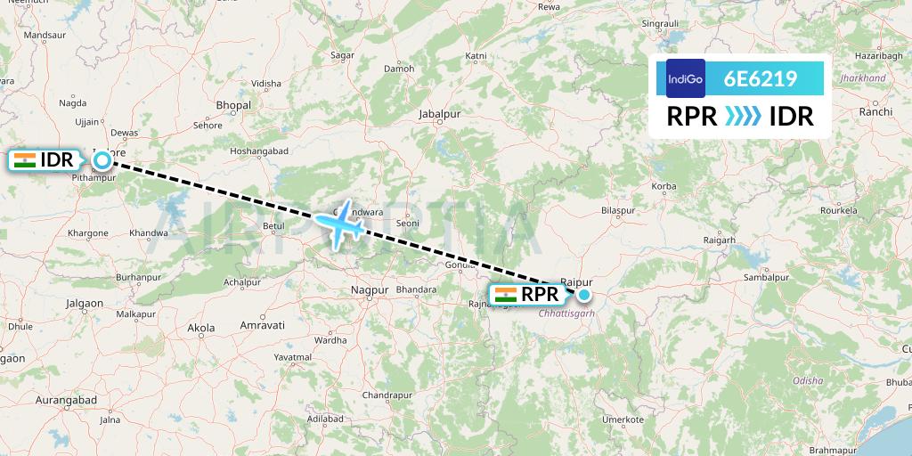 6E6219 IndiGo Airlines Flight Map: Raipur to Indore