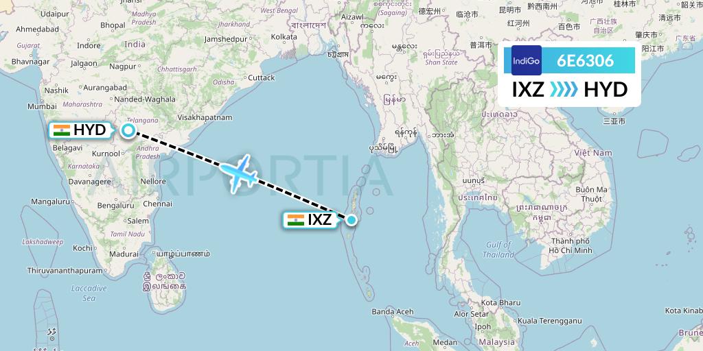 6E6306 IndiGo Airlines Flight Map: Port Blair to Hyderabad