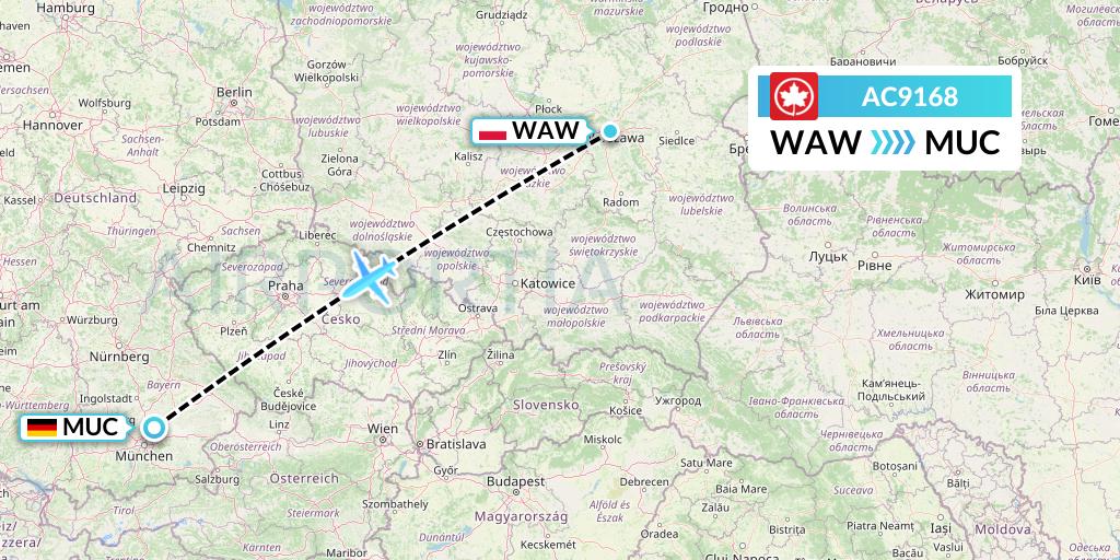 AC9168 Air Canada Flight Map: Warsaw to Munich