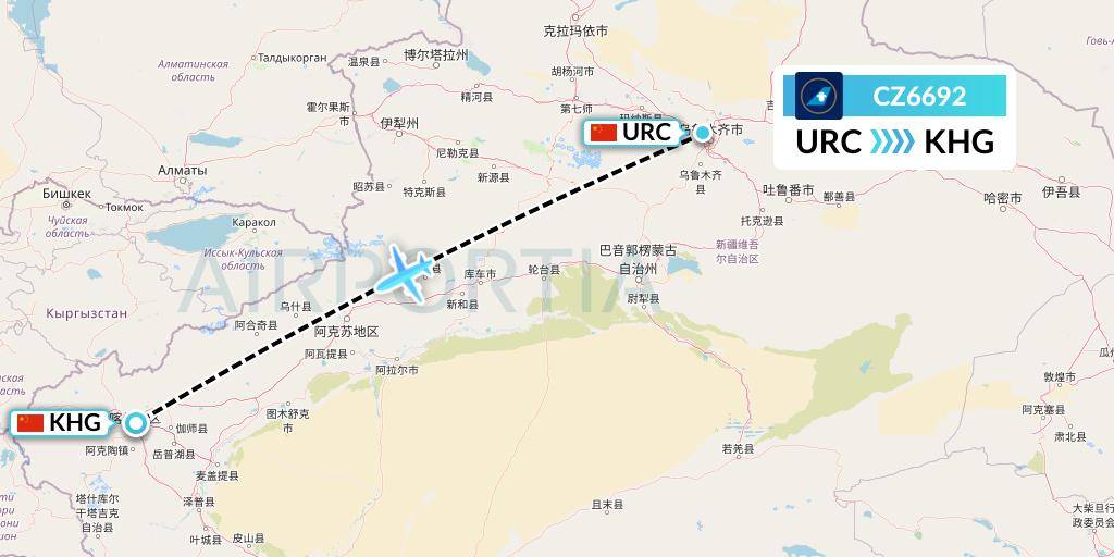 CZ6692 China Southern Airlines Flight Map: Urumqi to Kashgar