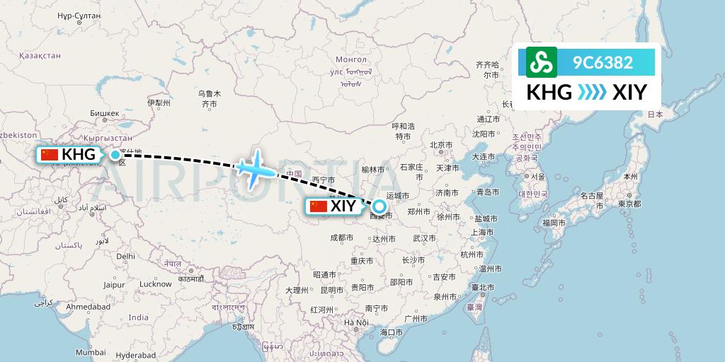 9C6382 Spring Airlines Flight Map: Kashgar to Xi'an