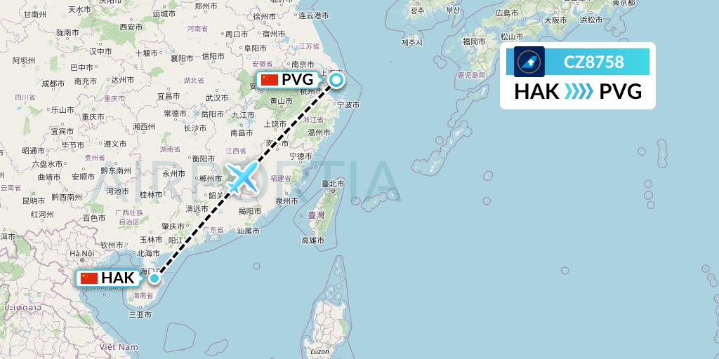 CZ8758 China Southern Airlines Flight Map: Haikou to Shanghai