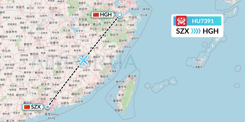HU7391 Hainan Airlines Flight Map: Shenzhen to Hangzhou