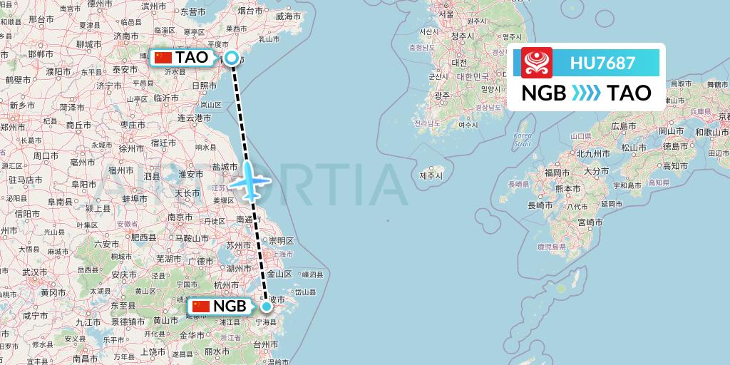 HU7687 Hainan Airlines Flight Map: Ningbo to Qingdao