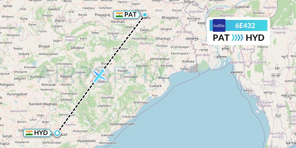 6E432 IndiGo Airlines Flight Map: Patna to Hyderabad