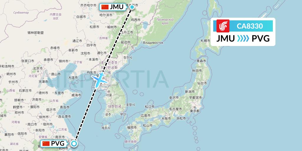 CA8330 Air China Flight Map: Jiamusi to Shanghai