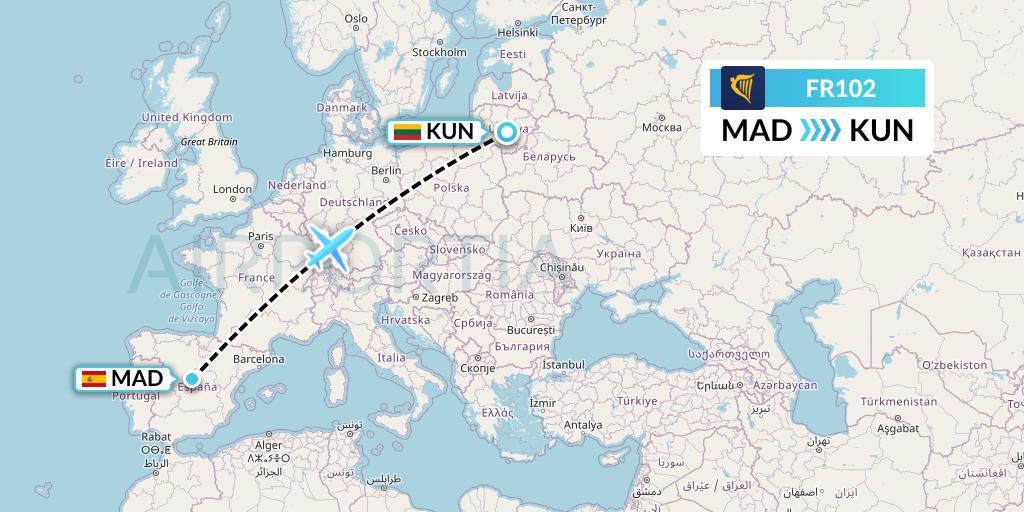 FR102 Ryanair Flight Map: Madrid to Kaunas