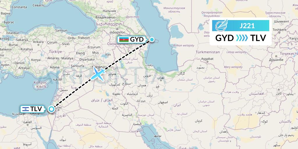 J221 Azerbaijan Airlines Flight Map: Baku to Tel Aviv