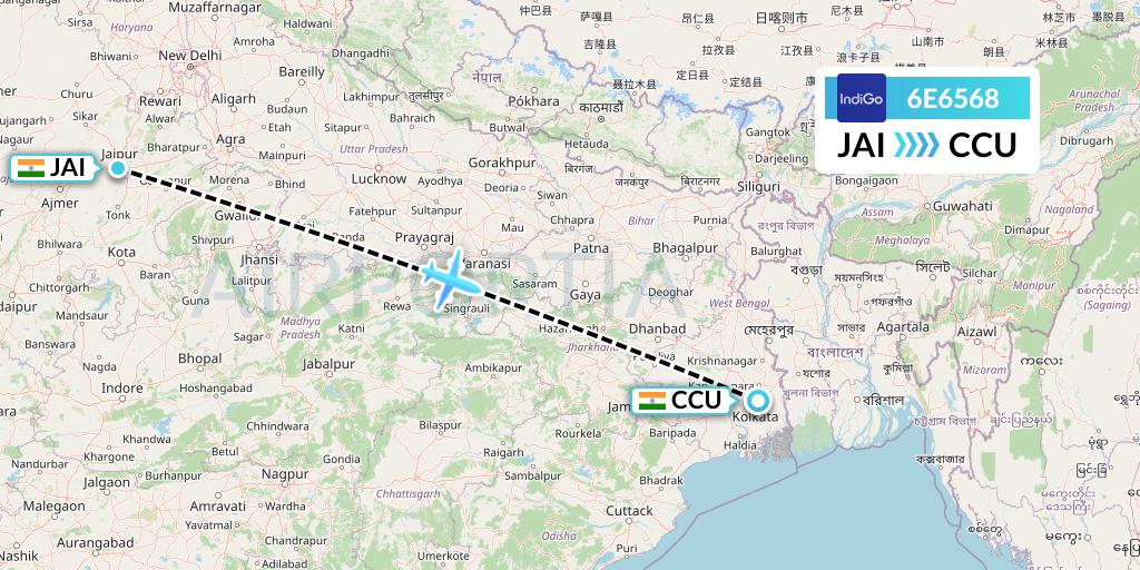 6E6568 IndiGo Airlines Flight Map: Jaipur to Kolkata