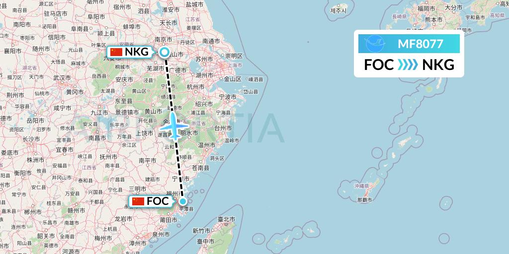 MF8077 Xiamen Airlines Flight Map: Fuzhou to Nanjing