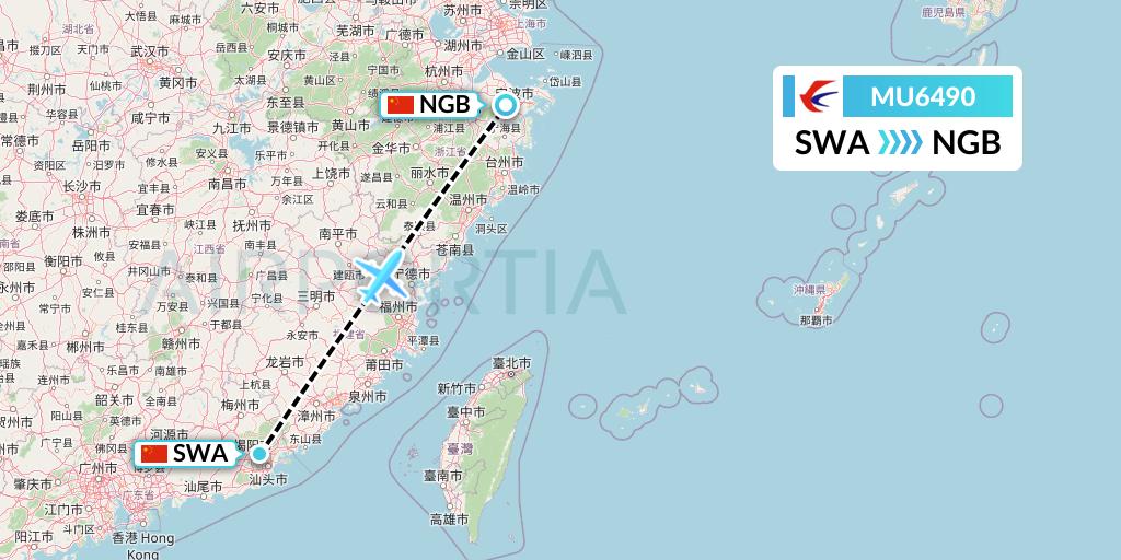 MU6490 China Eastern Airlines Flight Map: Jieyang to Ningbo