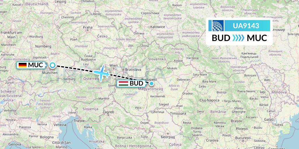 UA9143 United Airlines Flight Map: Budapest to Munich