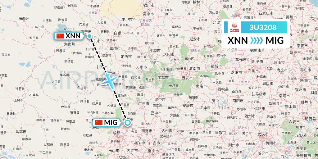 3U3208 Sichuan Airlines Flight Map: Xining to Mianyang