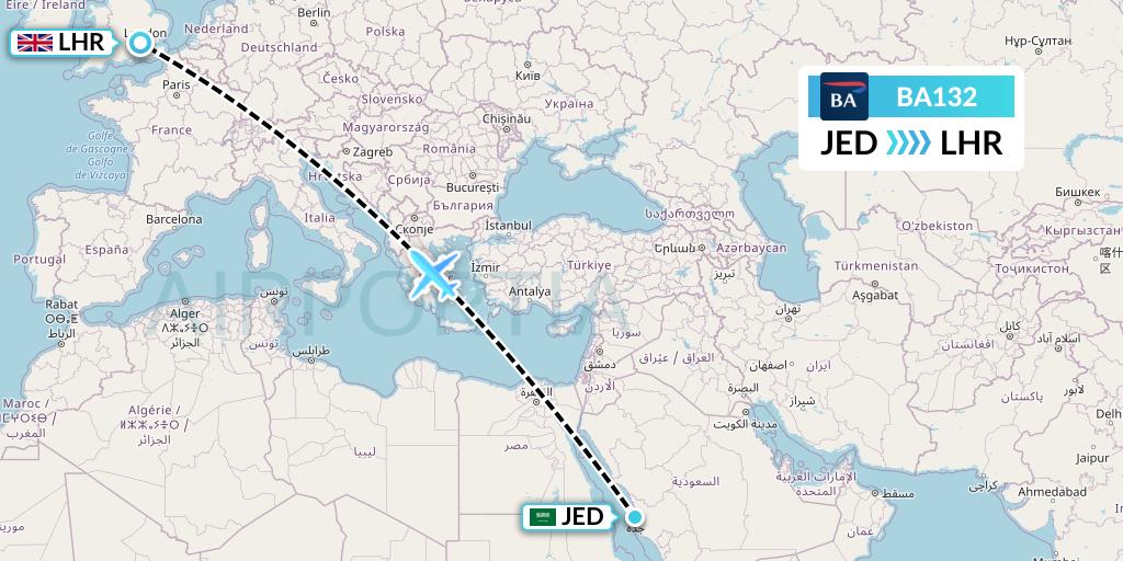 BA132 British Airways Flight Map: Jeddah to London