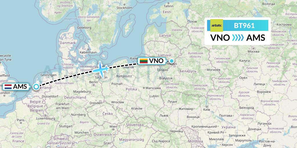 BT961 Air Baltic Flight Map: Vilnius to Amsterdam