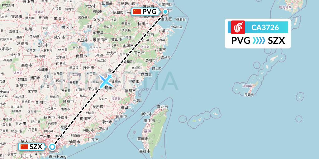CA3726 Air China Flight Map: Shanghai to Shenzhen