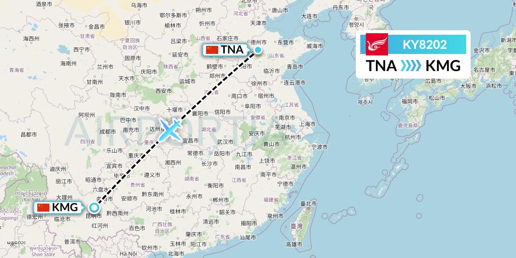 KY8202 Kunming Airlines Flight Map: Jinan to Kunming