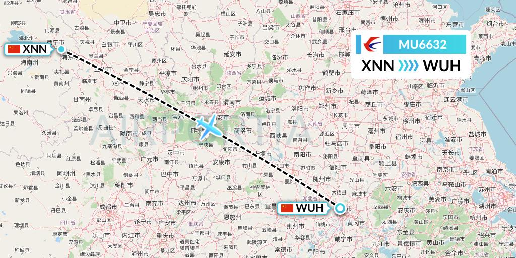 MU6632 China Eastern Airlines Flight Map: Xining to Wuhan