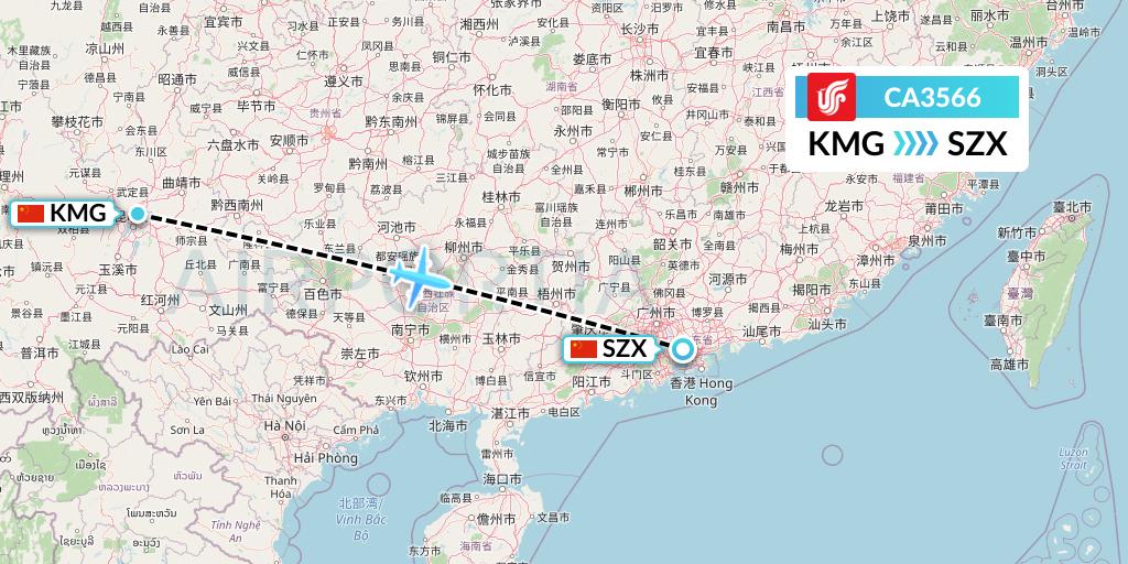 CA3566 Air China Flight Map: Kunming to Shenzhen