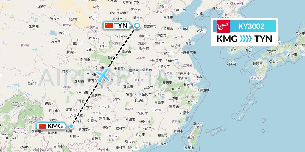 KY3002 Kunming Airlines Flight Map: Kunming to Taiyuan