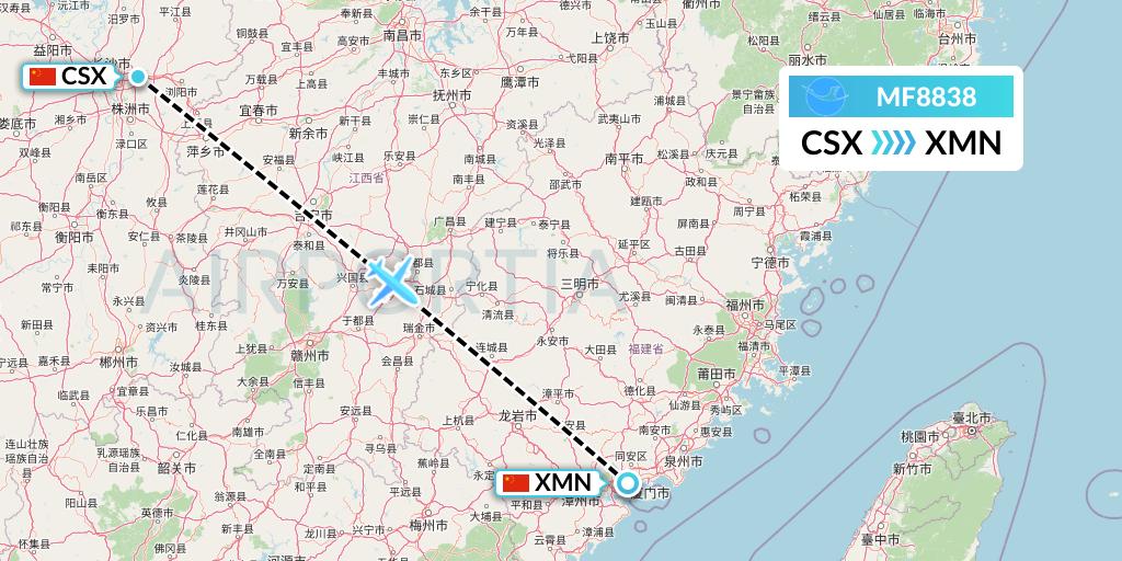 MF8838 Xiamen Airlines Flight Map: Changsha to Xiamen