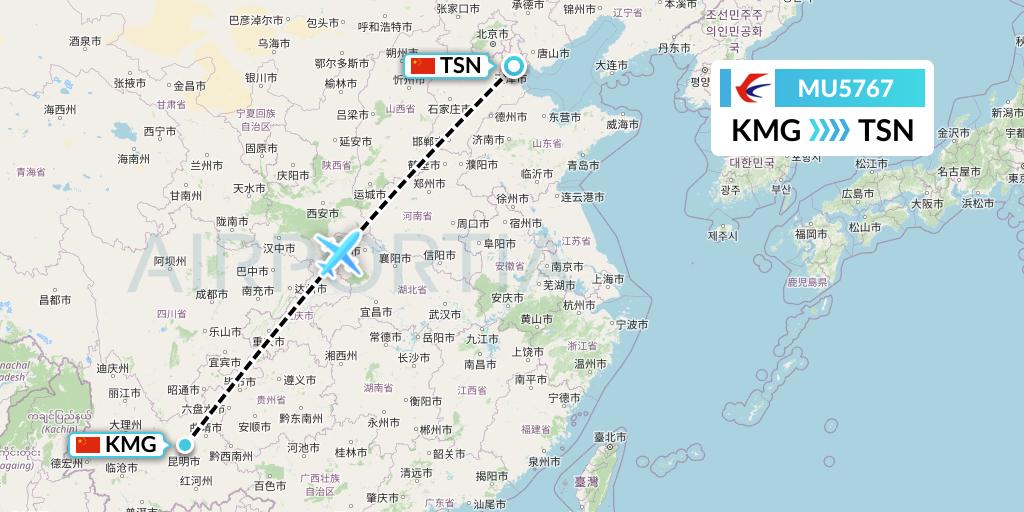 MU5767 China Eastern Airlines Flight Map: Kunming to Tianjin