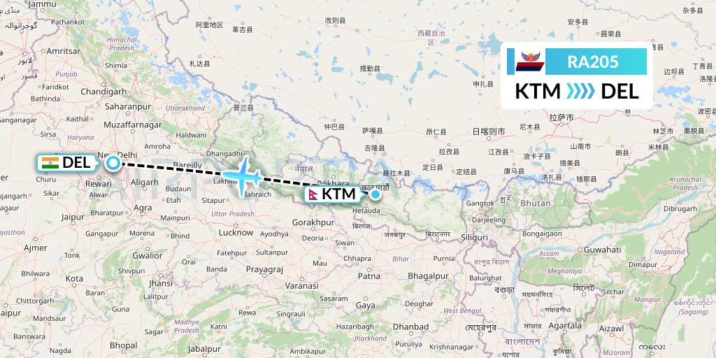 RA205 Royal Nepal Airlines Flight Map: Kathmandu to Delhi