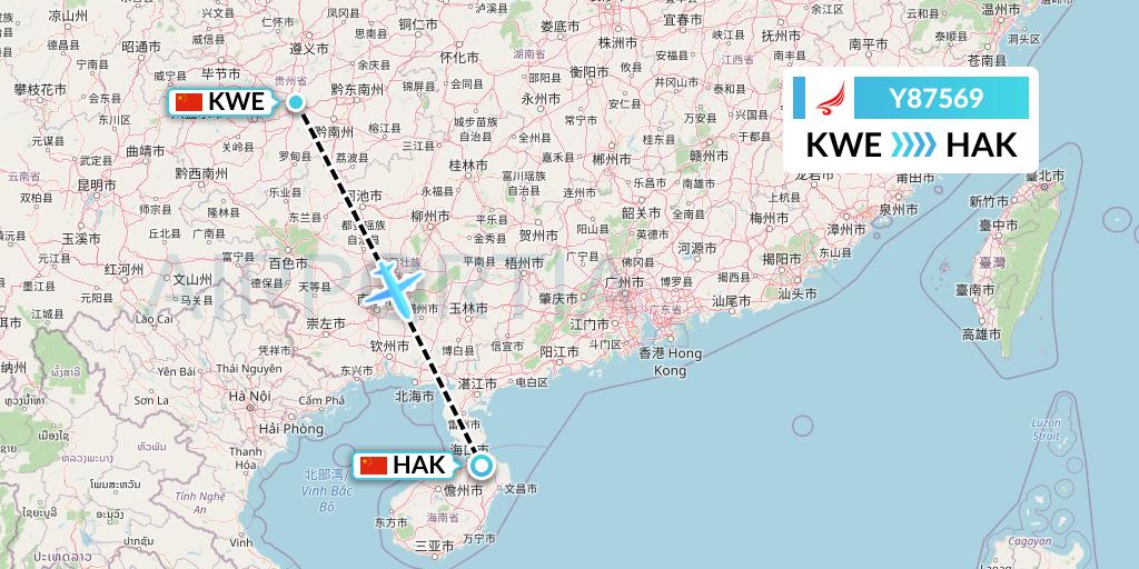 Y87569 Yangtze River Express Flight Map: Guiyang to Haikou