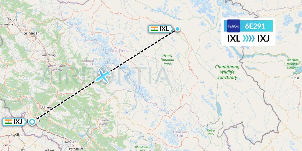 6E291 IndiGo Airlines Flight Map: Leh to Jammu