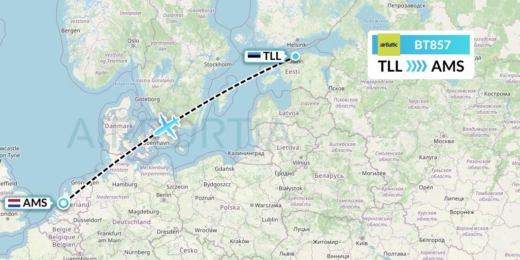 BT857 Air Baltic Flight Map: Tallinn to Amsterdam