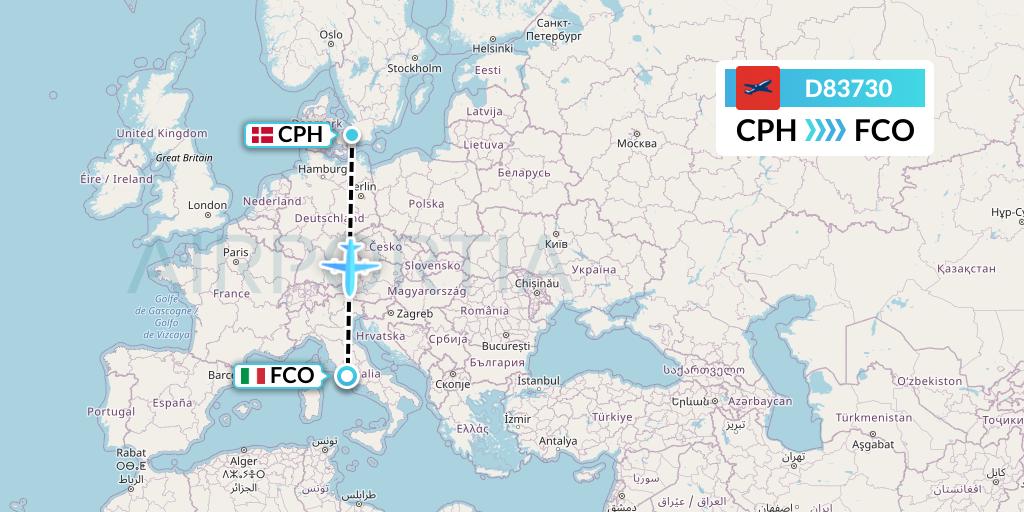 D83730 Norwegian Air International Flight Map: Copenhagen to Rome