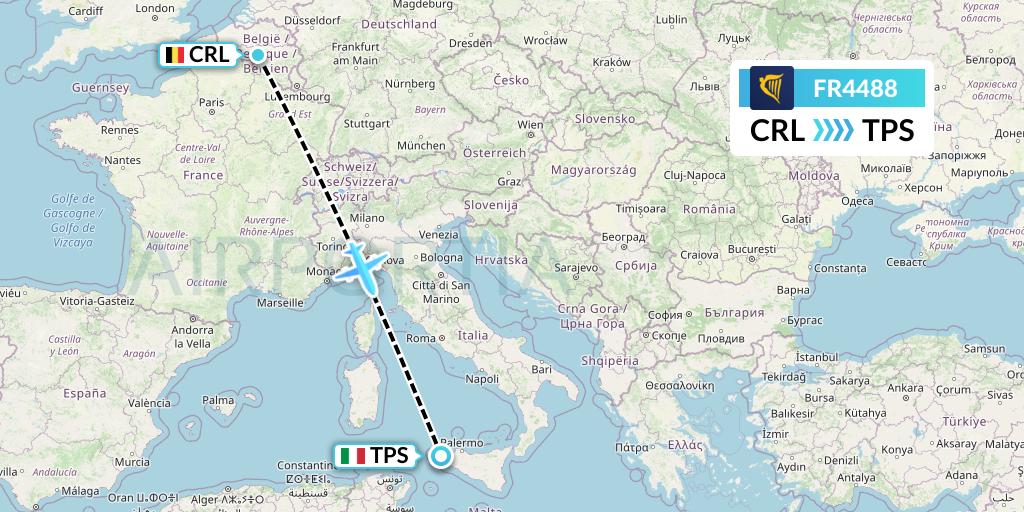 FR4488 Ryanair Flight Map: Brussels to Trapani