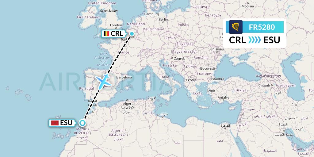 FR5280 Ryanair Flight Map: Brussels to Essaouira