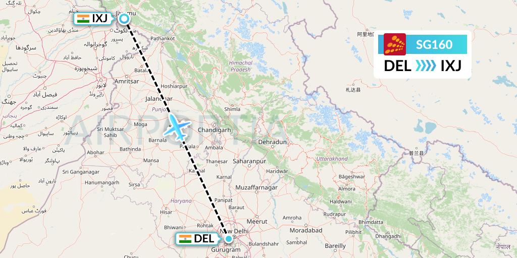 SG160 SpiceJet Flight Map: Delhi to Jammu