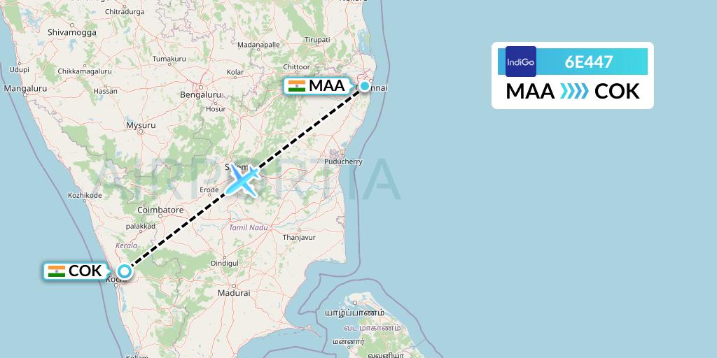 6E447 IndiGo Airlines Flight Map: Chennai to Cochin