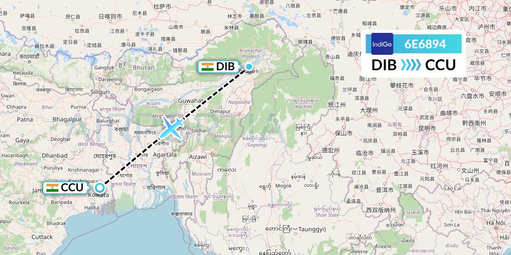 6E6894 IndiGo Airlines Flight Map: Dibrugarh to Kolkata