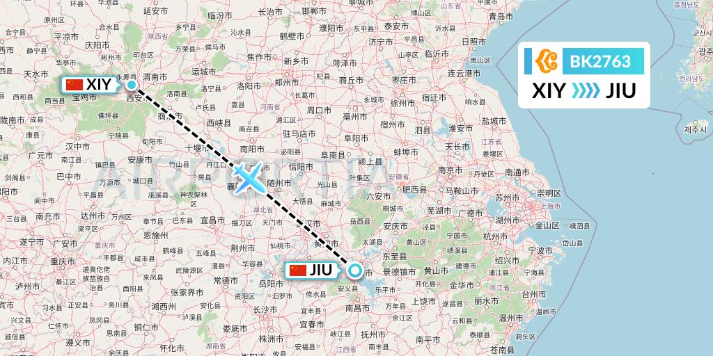 BK2763 Okay Airways Flight Map: Xi'an to Jiujiang