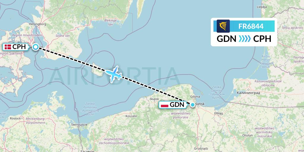 FR6844 Ryanair Flight Map: Gdansk to Copenhagen