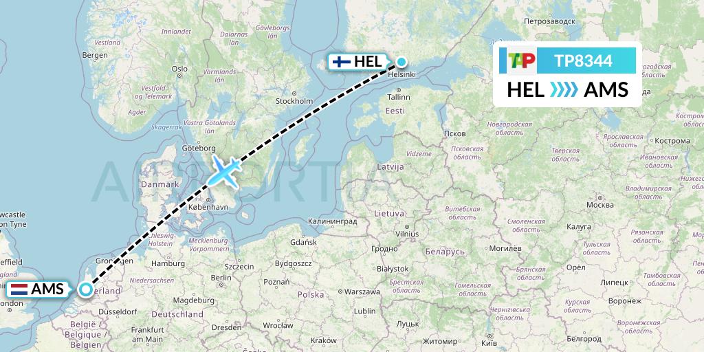 TP8344 TAP Portugal Flight Map: Helsinki to Amsterdam