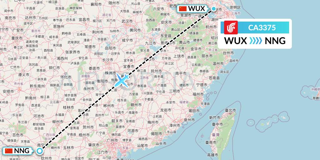 CA3375 Air China Flight Map: Wuxi to Nanning