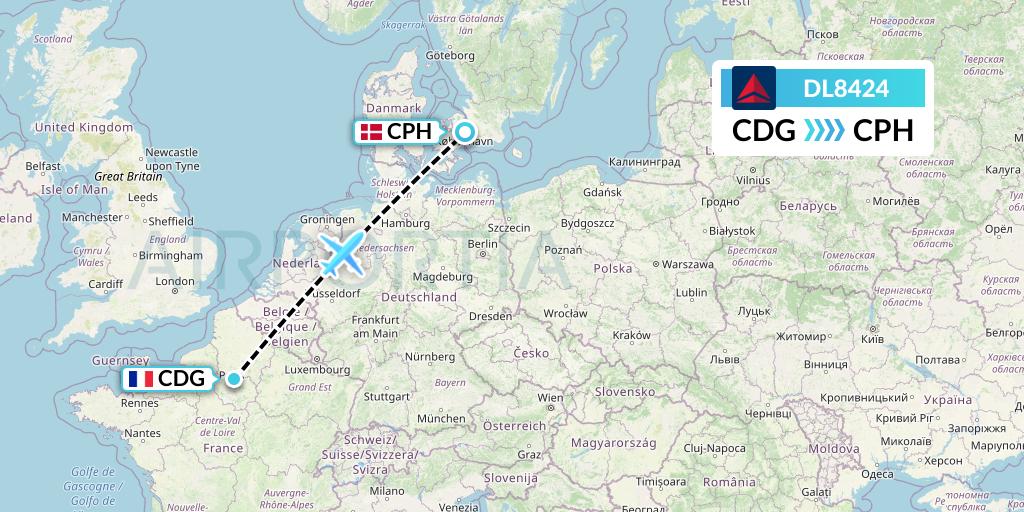 DL8424 Delta Air Lines Flight Map: Paris to Copenhagen