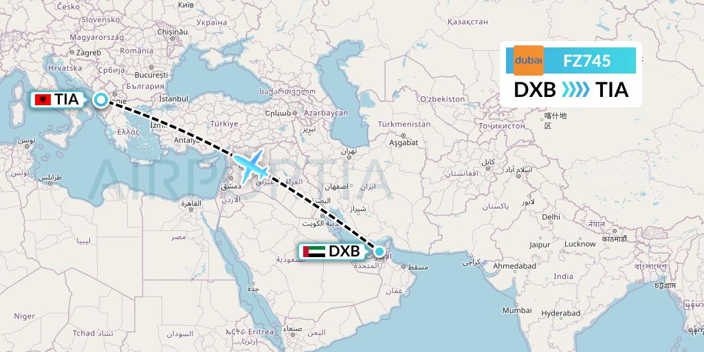 FZ745 FlyDubai Flight Map: Dubai to Tirana