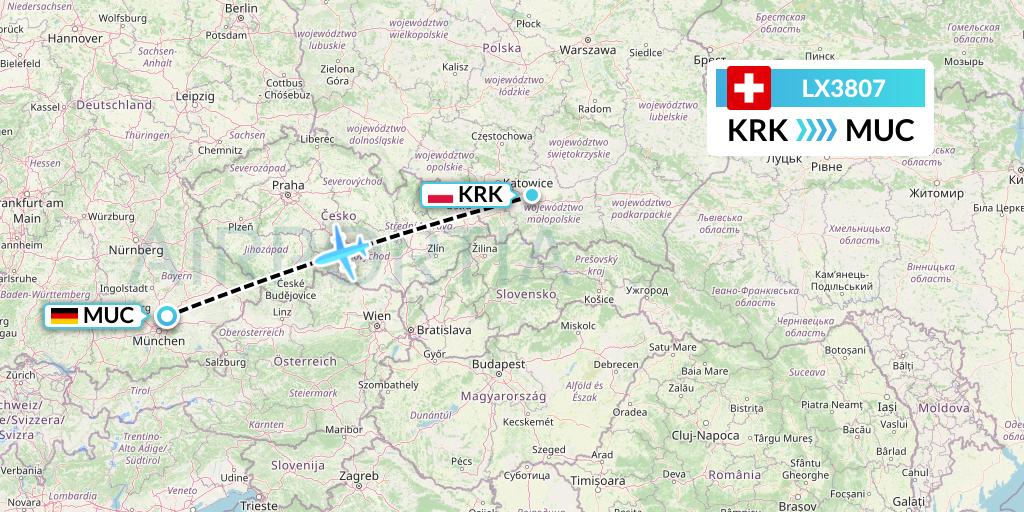 LX3807 Swiss Flight Map: Krakow to Munich